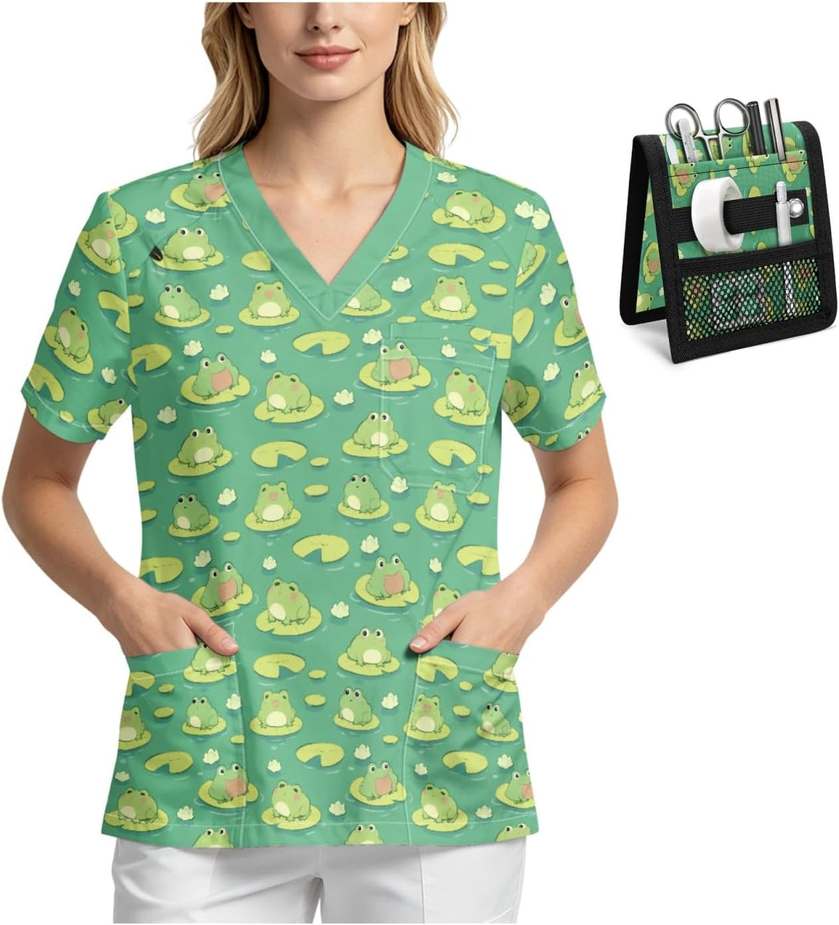 Breathable V-Neck Scrub Top with Nurse Pocket Organizer for Women - Cute Frog