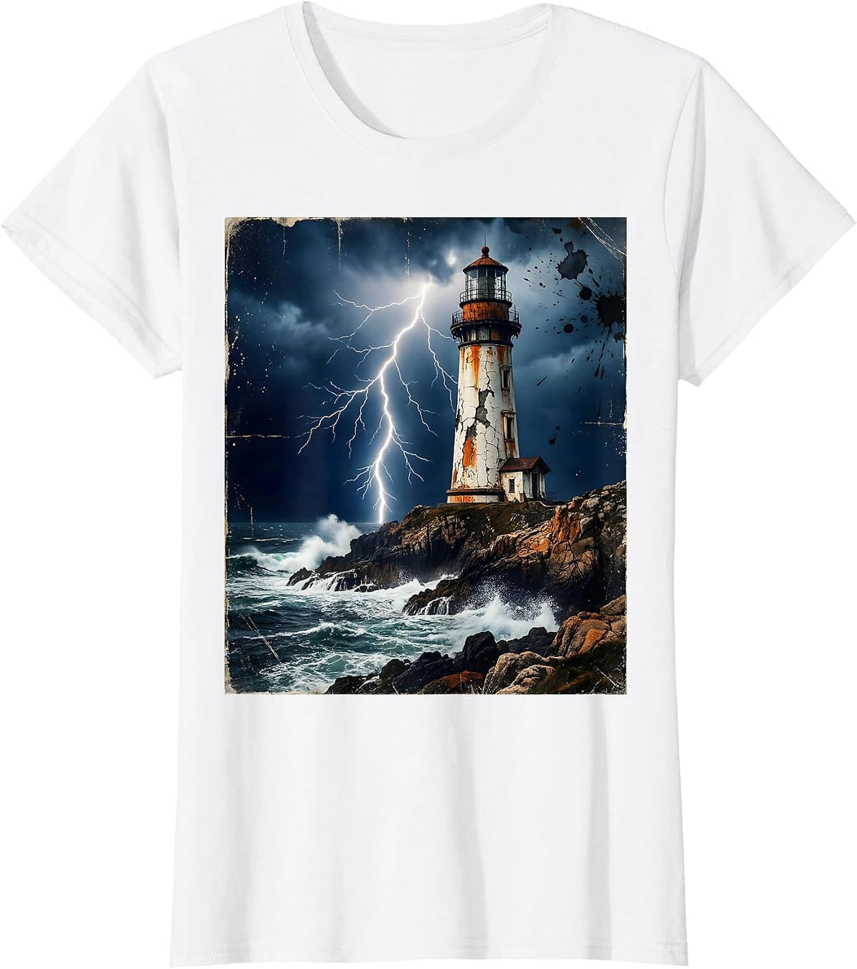 Women's Gulf of America Lighthouse Lightning Storm Art T-Shirt - White