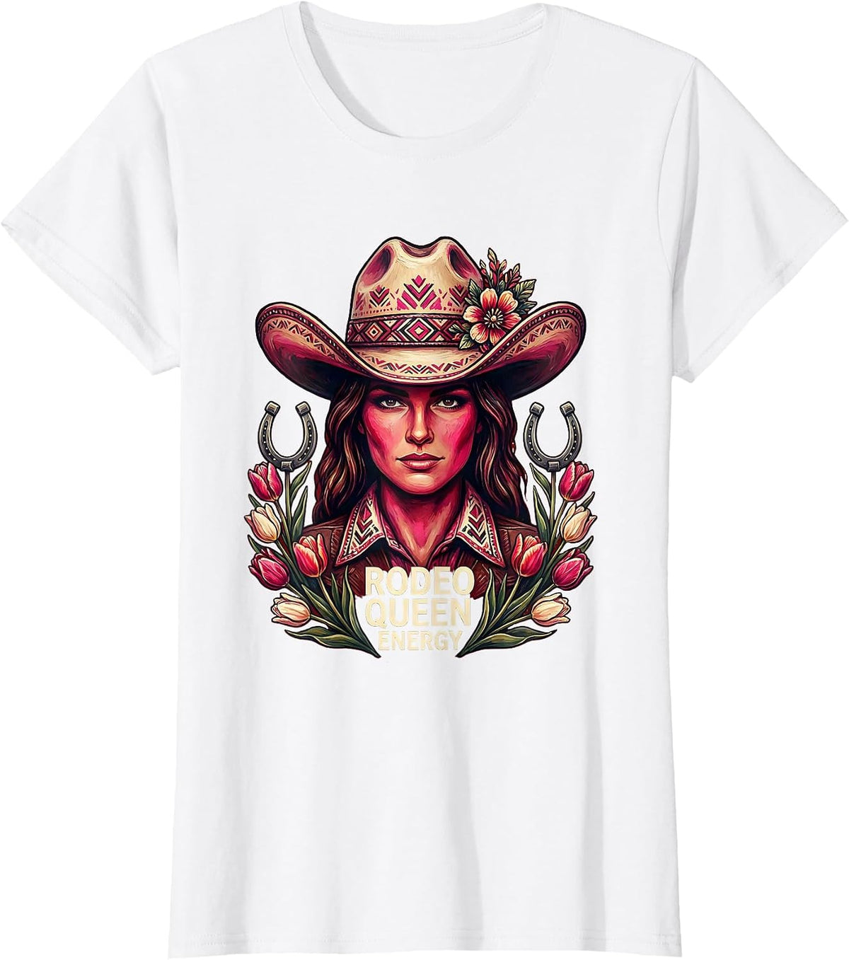 Rodeo Queen Energy Pink Cowgirl Design T-Shirt - White
