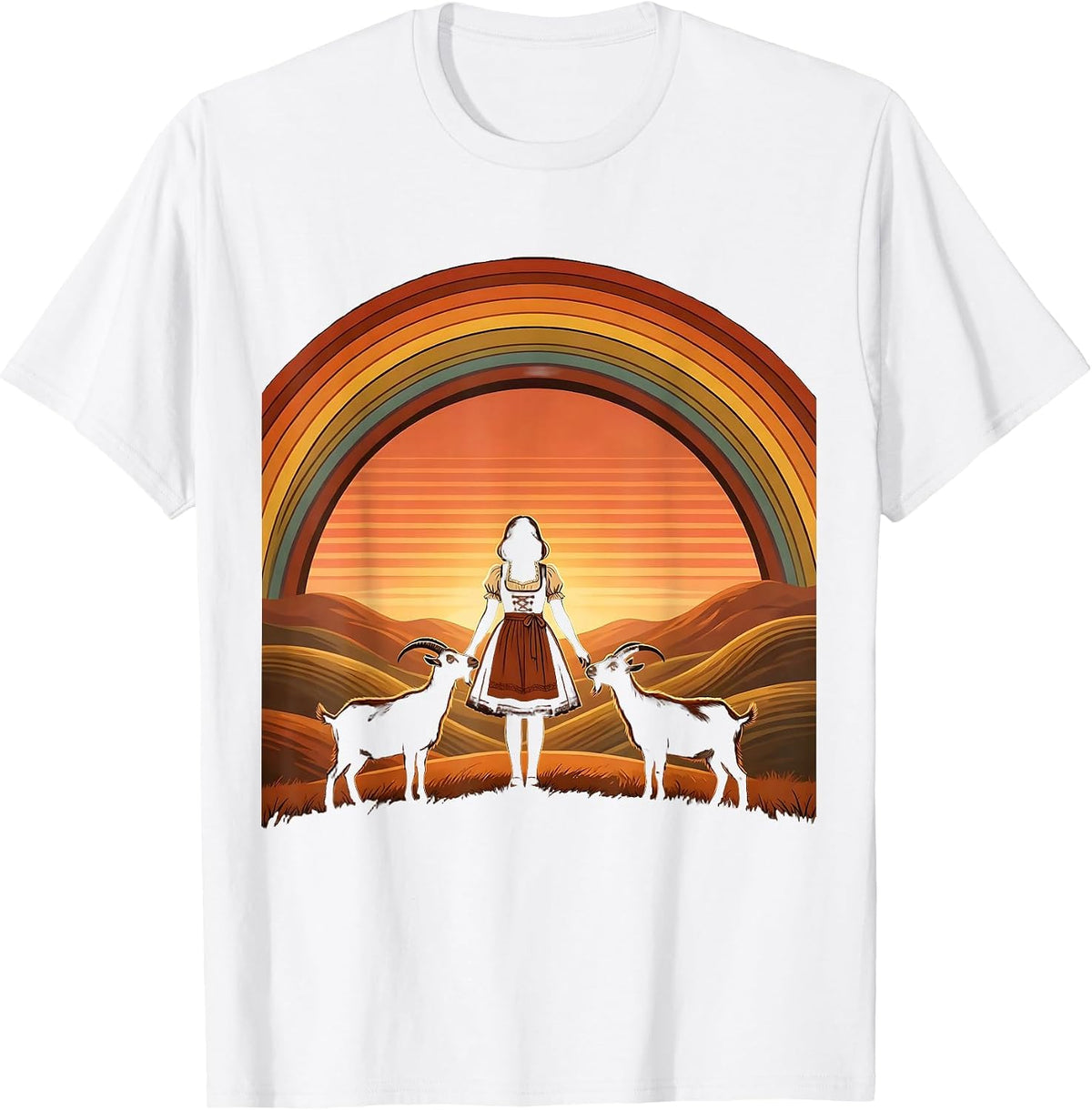 Dirndl Girl Feeding Goats on Hillside Illustration T-Shirt - White