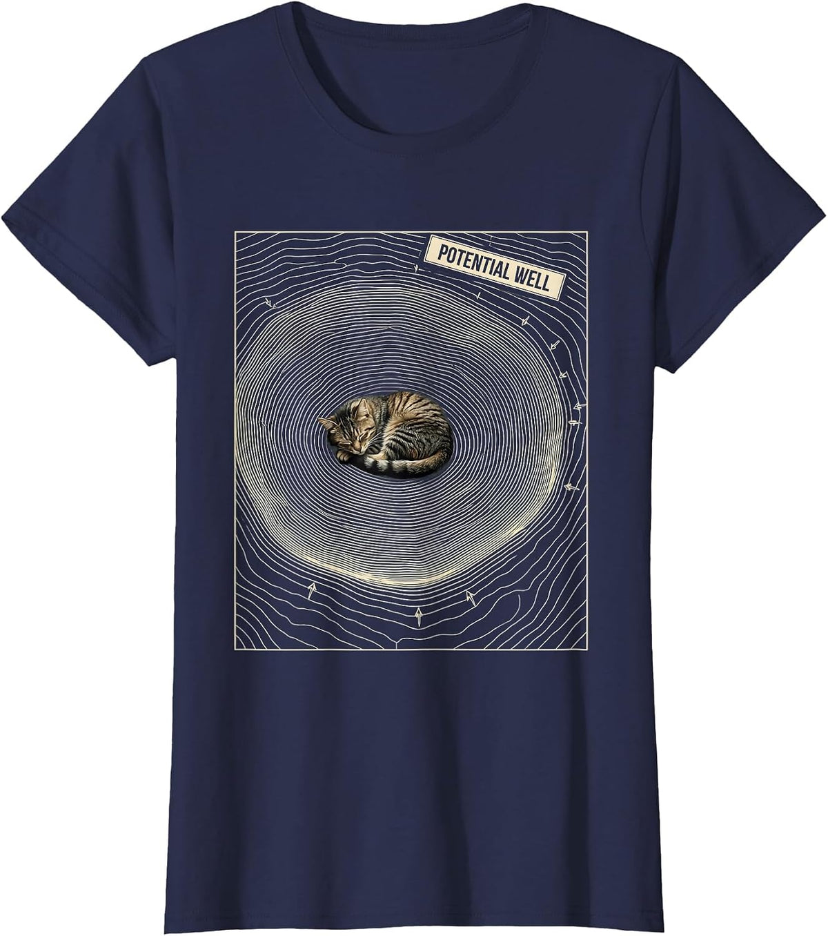 Women's Potential Well Topographic Contour Funny Cat Science Pun T-Shirt - Navy Blue