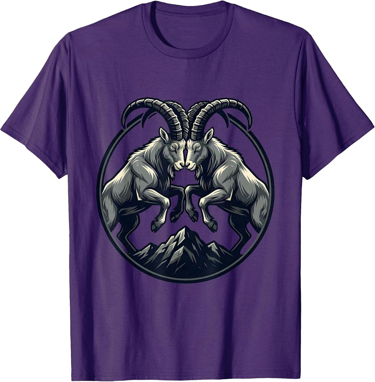 Men's Two Goats Clashing Horns on a Hilltop Graphic T-Shirt - Purple