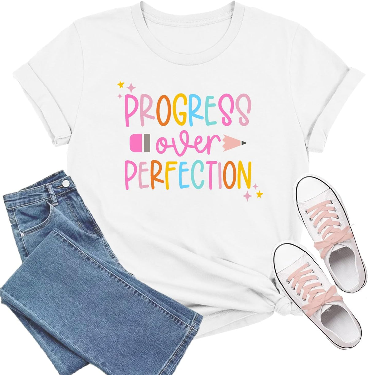 Teacher Shirts for Women Teaching T-Shirt Progress Over Perfection Tee Tops - White