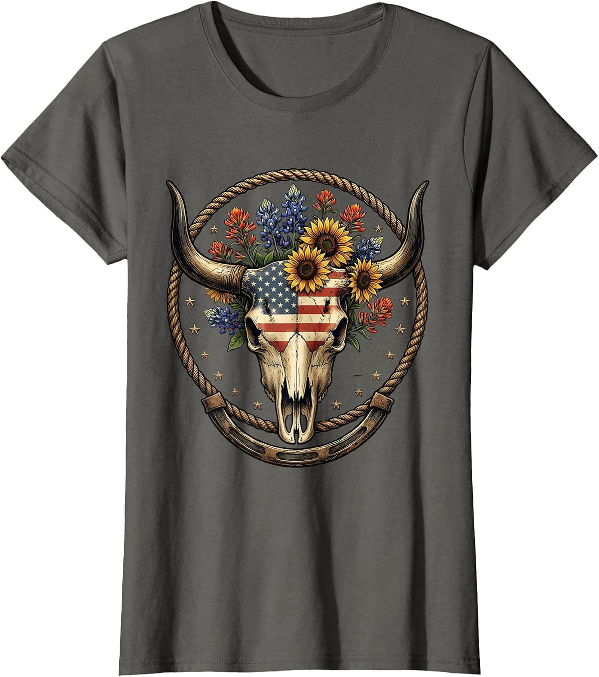 Women's Bull Skull Wildflowers Western Boho Floral Illustration T-Shirt - Asphalt Grey