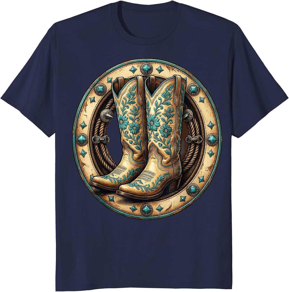 Cowgirl Boots Turquoise Embroidery Western Design T-Shirt - Navy Blue