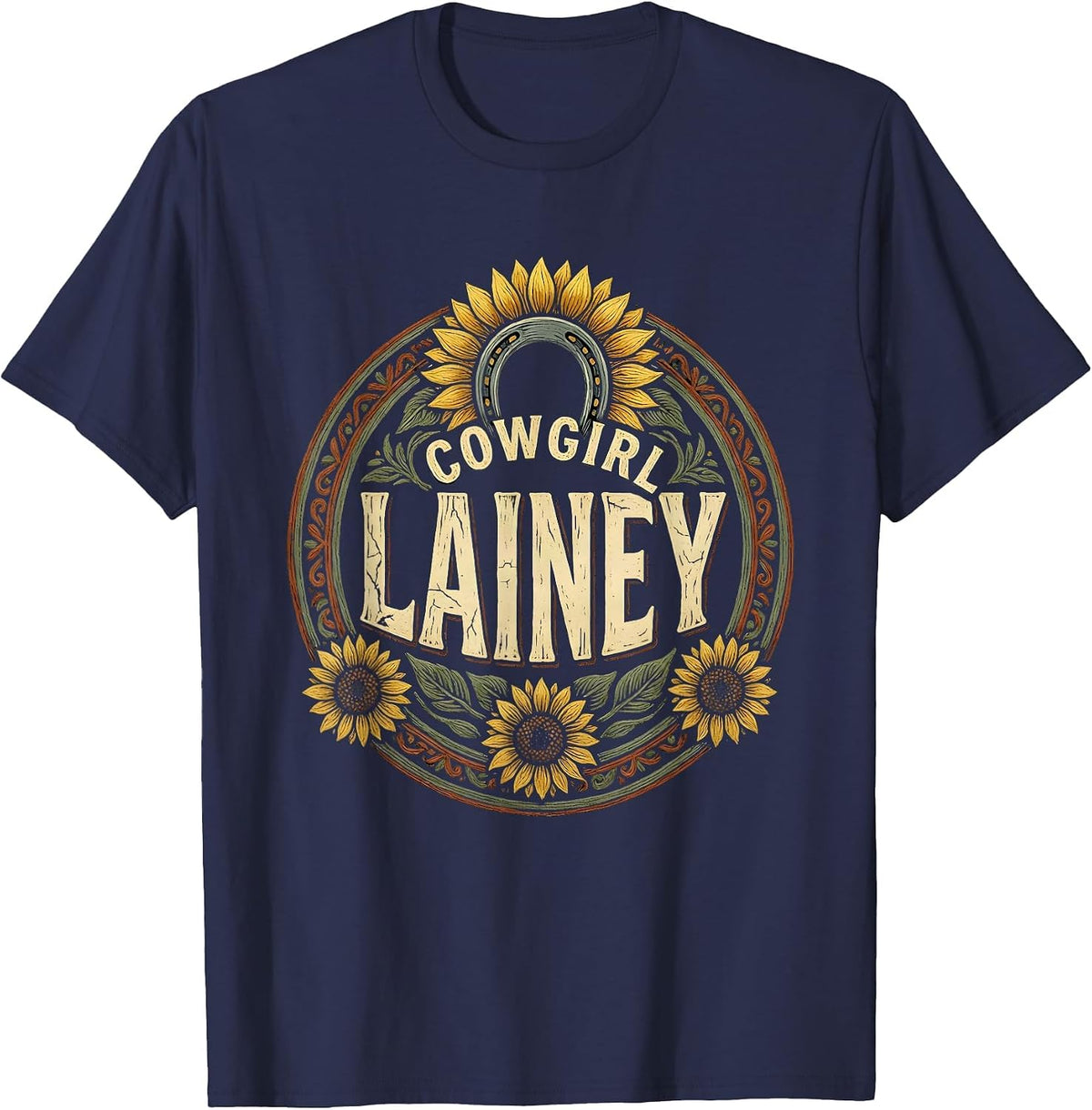 Cowgirl Lainey Boho Folk Floral Western Cowgirl Gift T-Shirt - Navy Blue