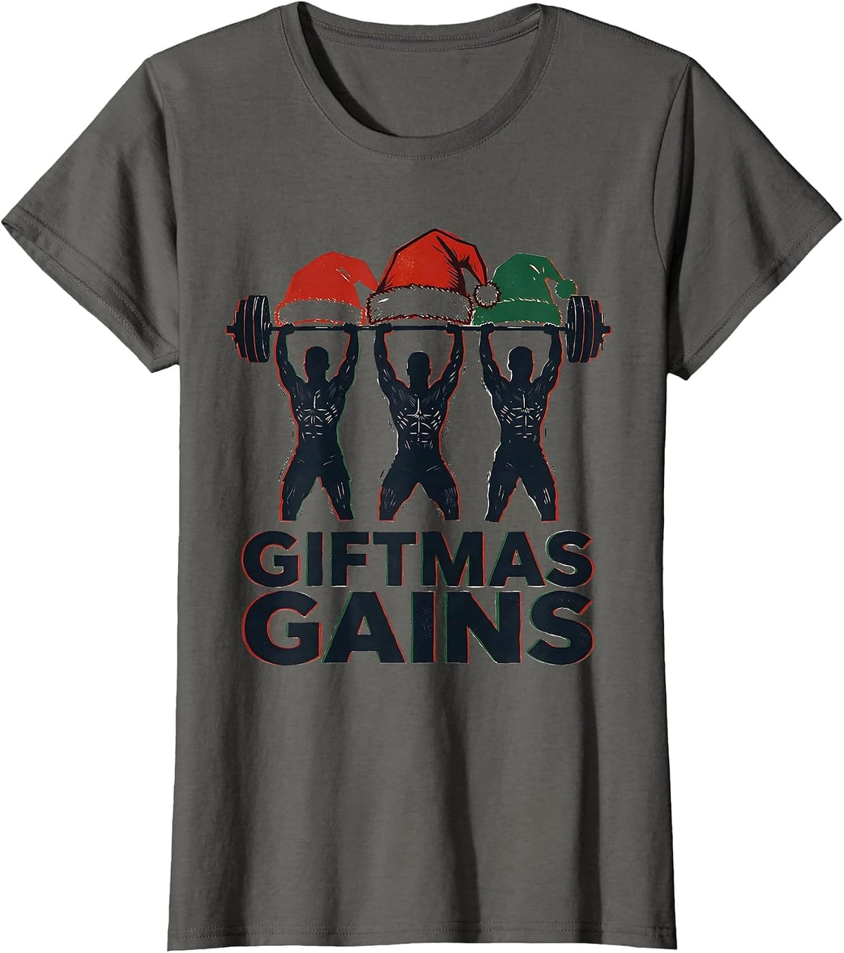 Women's Giftmas Gains Linocut Funny Christmas Gym Weightlifting T-Shirt - Asphalt Grey
