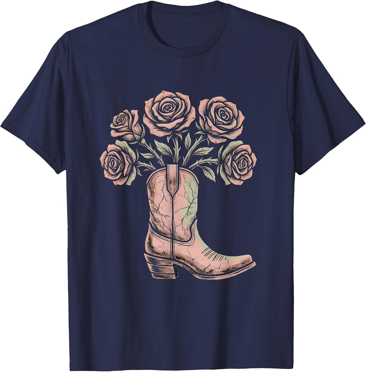 Western Boots with Roses Floral Illustration T-Shirt - Navy Blue