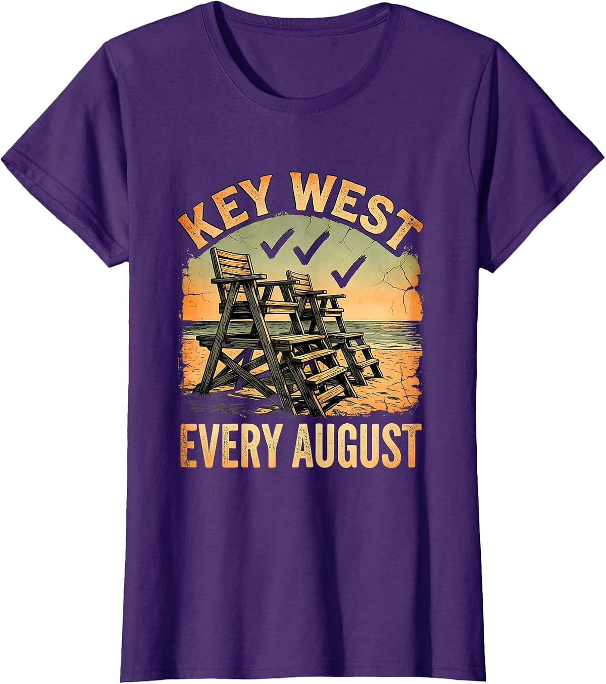 Women's KEY WEST EVERY AUGUST Boho Summer Casual Beach Souvenir T-Shirt - Purple