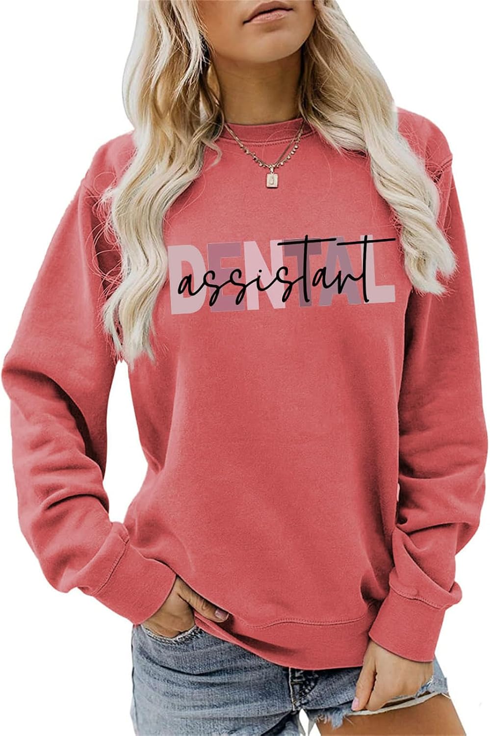 Dental Assistant Sweatshirt Dental Hygienist Sweater Dentist Shirt Women Casual Long Sleeve Funny Graphic Pullovers - Red