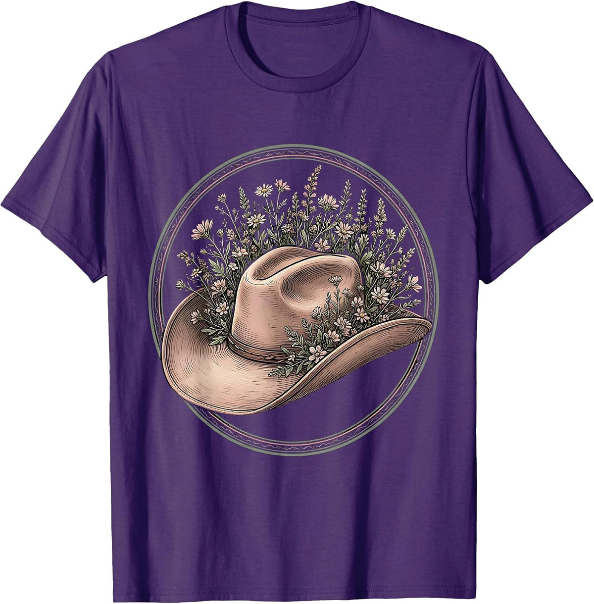 Cowgirl Hat Wildflowers Rodeo Illustration T-Shirt - Purple