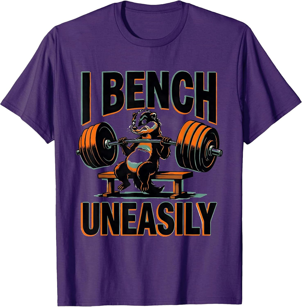 I Bench, Uneasily Funny Gym Workout Skunk Weightlifting T-Shirt - Purple