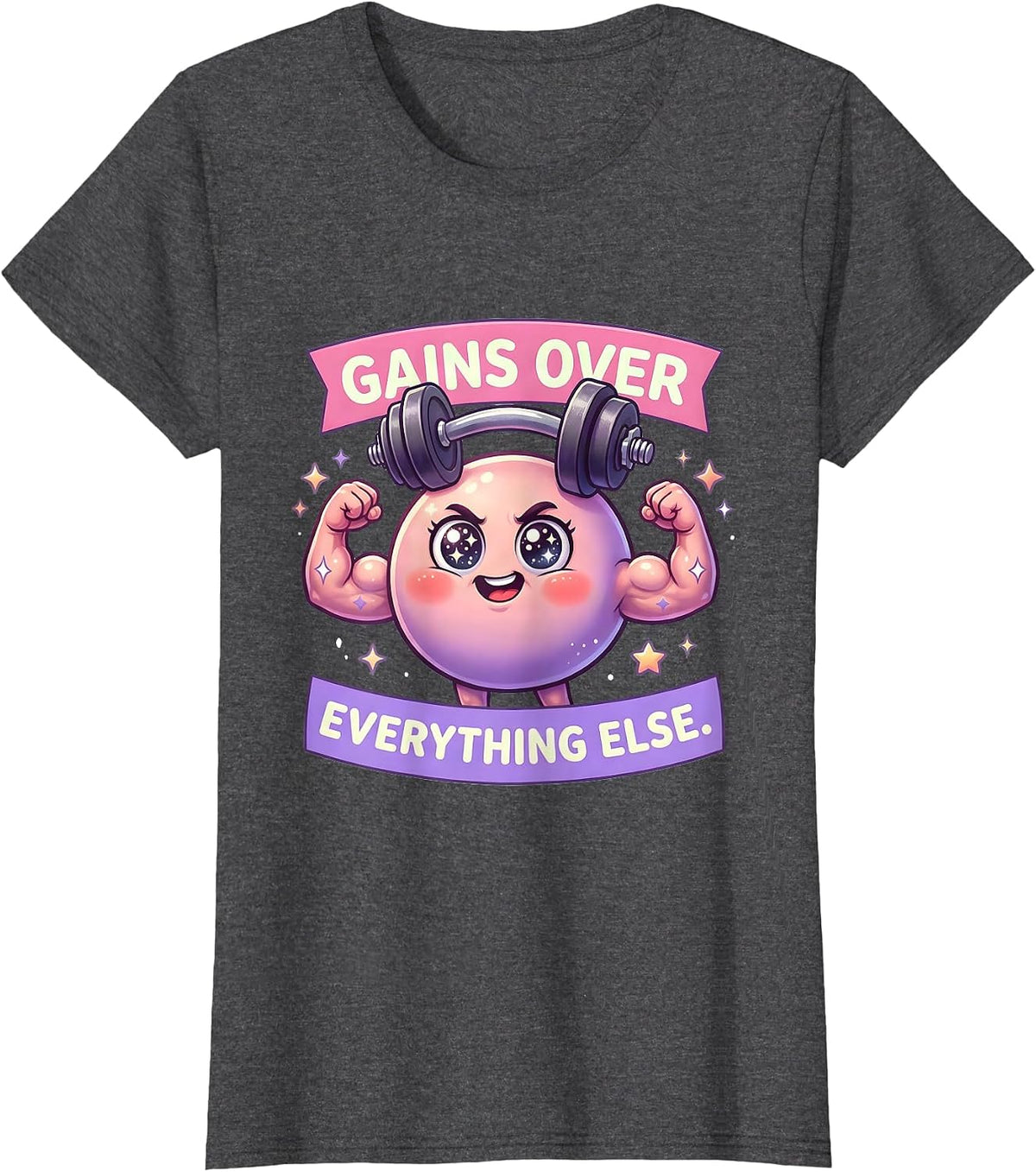 Women's Gains Over Everything Else Funny Gym Design T-Shirt - Dark Heather Grey