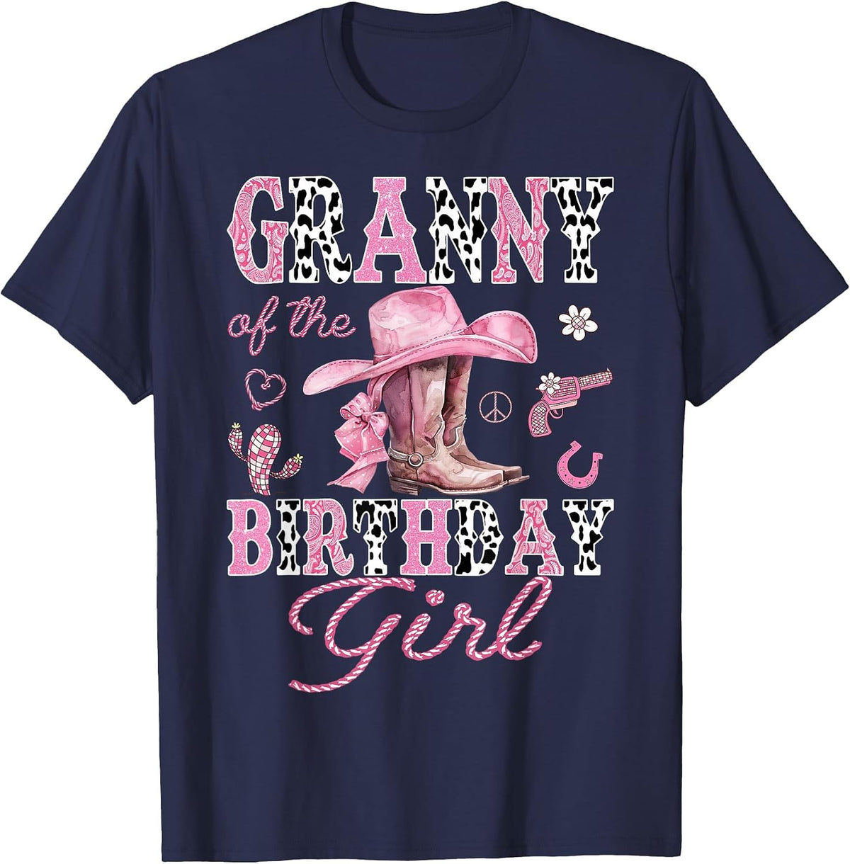 Granny of the Birthday Girl Pink Cowgirl Western Rodeo T-Shirt - Navy Blue