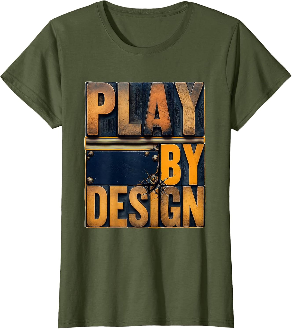 Women's Play By Design Wood Type Letterpress Preschool Teacher Back T-Shirt - Olive Green