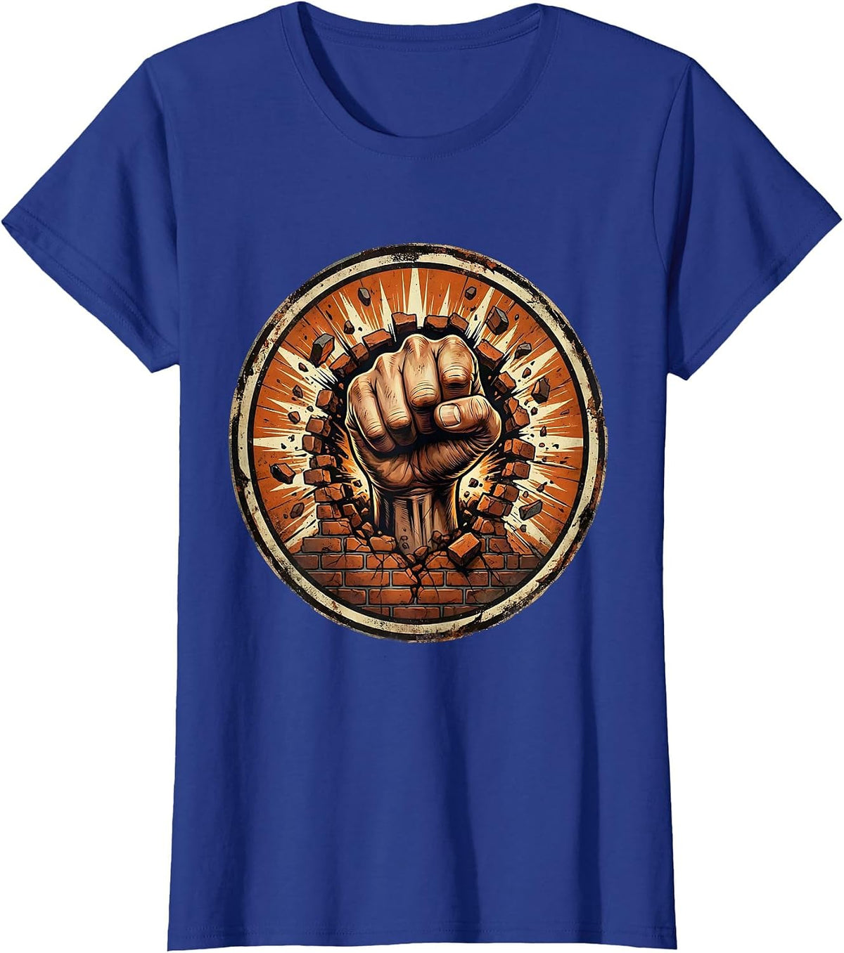 Women's 80s Rock Fist Through Brick Wall Graphic T-Shirt - Royal Blue