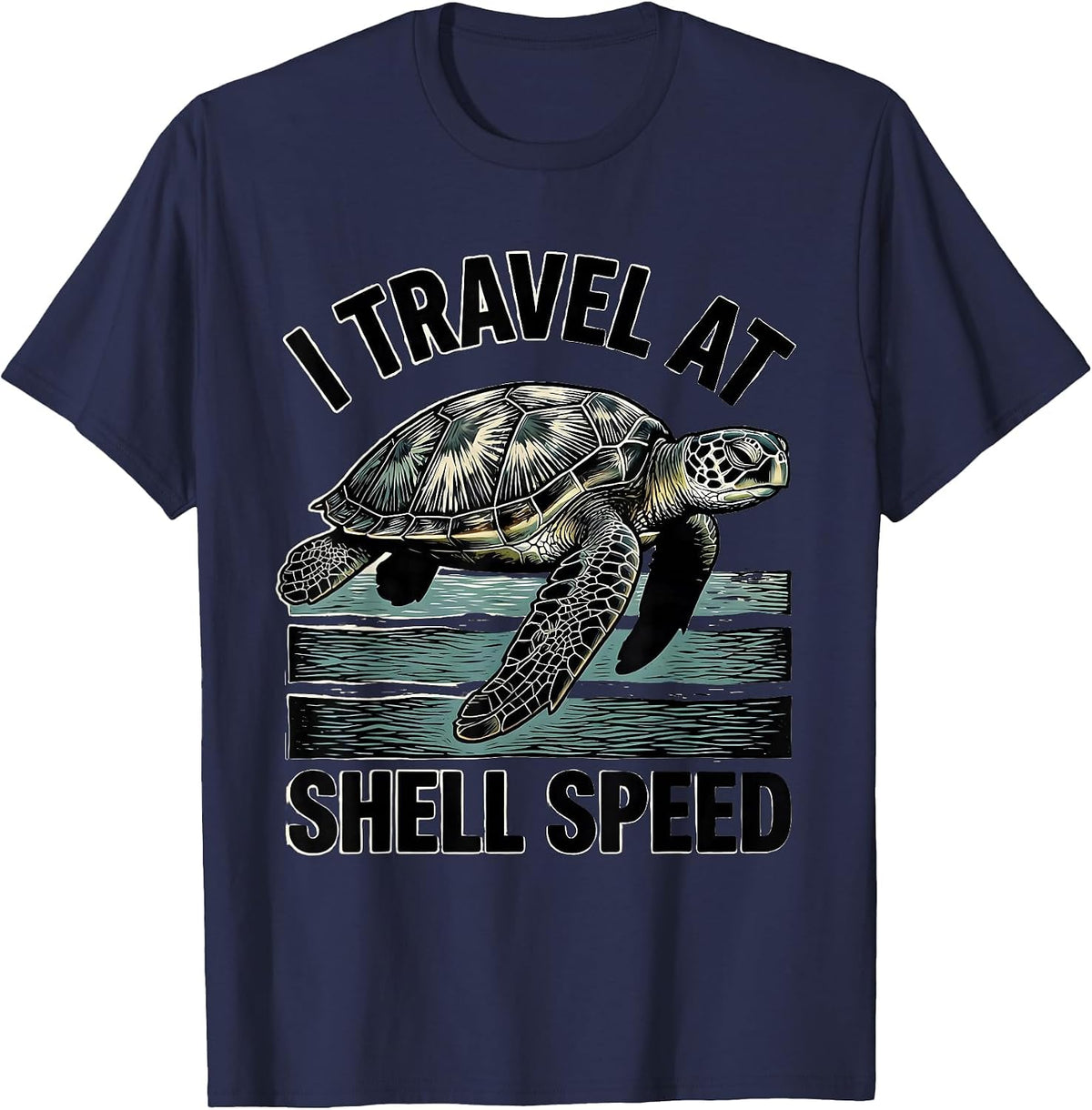 Men's I Travel At Shell Speed Woodcut Engraving Sea Turtle Lover T-Shirt - Navy Blue