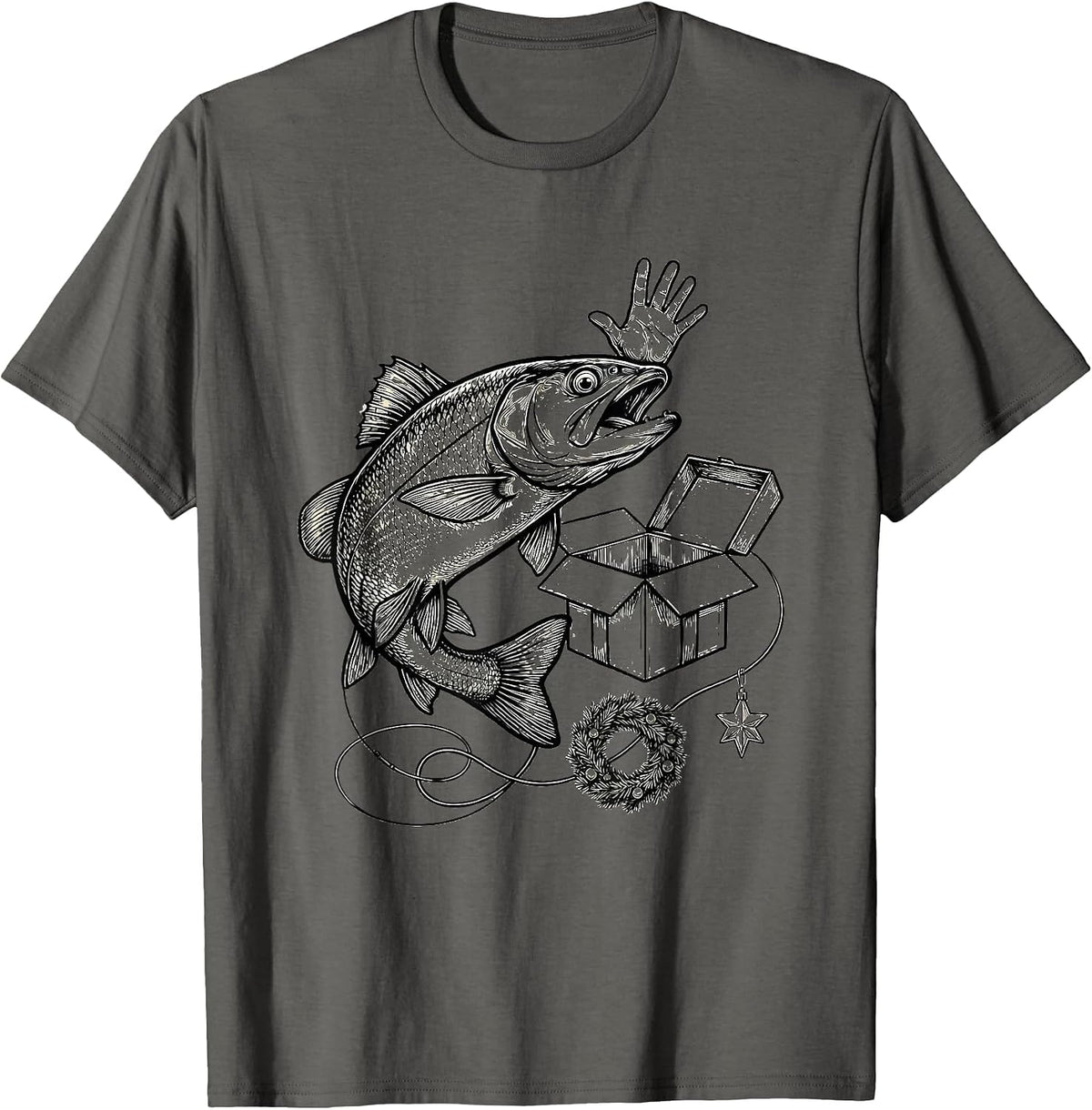 Men's Cheerful Trout Gift Box Christmas Fishing Humor T-Shirt - Asphalt Grey