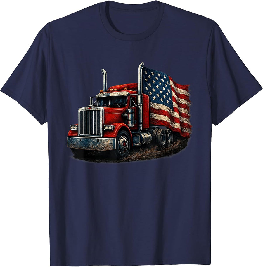 Us American Flag Semi Truck Driver Trucker T-Shirt - Navy Blue