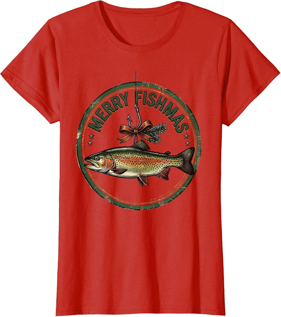 Women's Sealed Trout Ornament Vintage Fishing Christmas Humor T-Shirt - Red