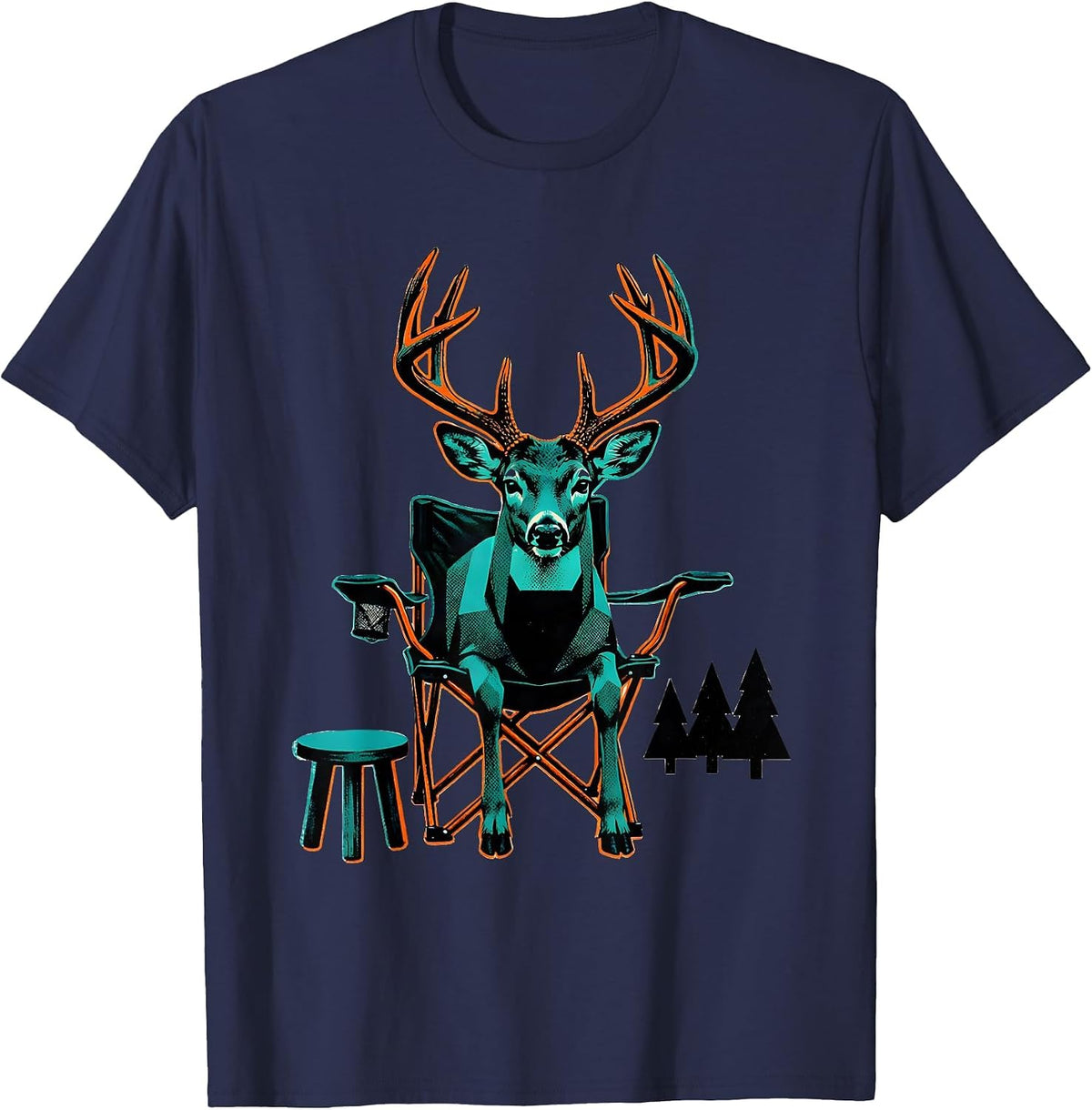 Men's Antlered Buck Hunting Chair Deer Hunter Dad Humor T-Shirt - Navy Blue
