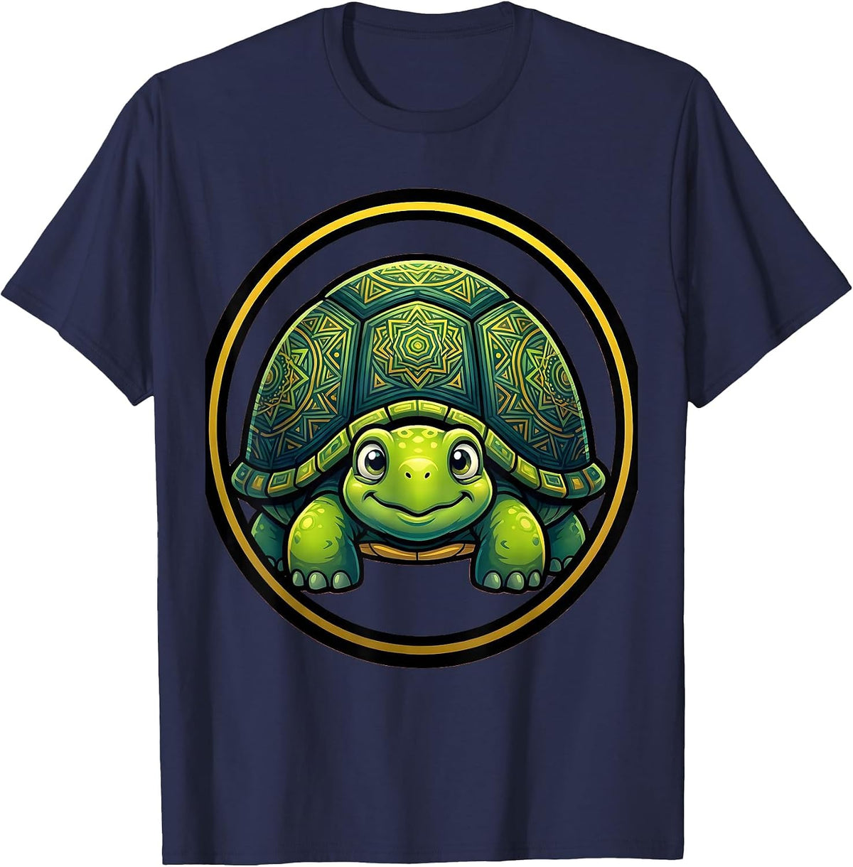 Geometric Mandala Turtle Shell Art Design T-Shirt - Navy Blue