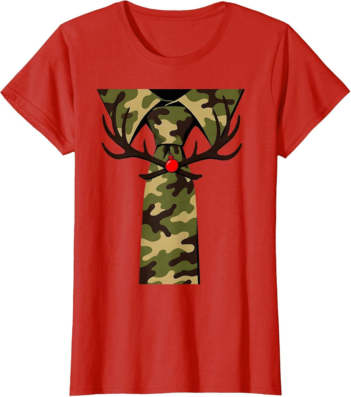 Women's Camo Necktie Deer Antler Christmas Hunting Gift T-Shirt - Red