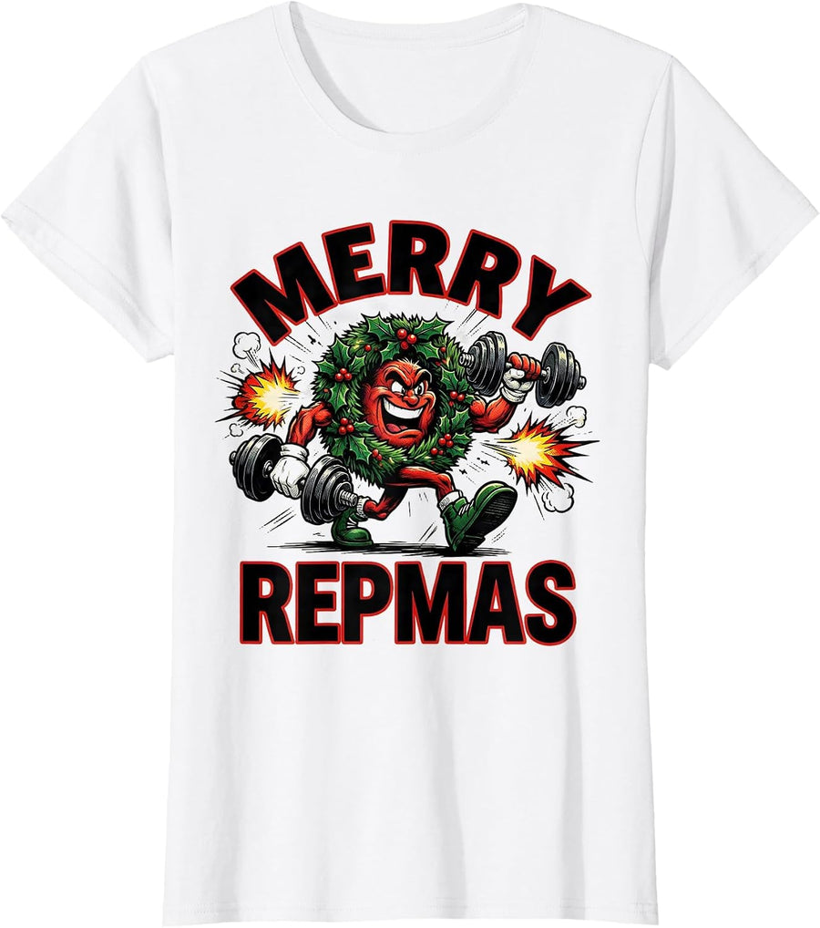 Women's Merry Repmas Comic Book Gym Workout Christmas Humor T-Shirt - White