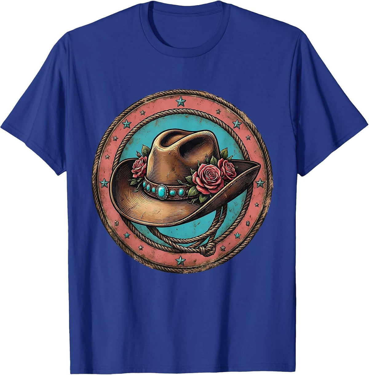 Cowgirl Hat Roses and Turquoise Rodeo Design T-Shirt - Royal Blue
