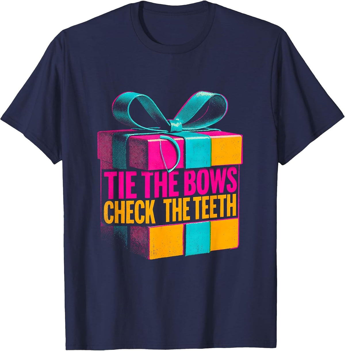 Men's Tie The Bows Check The Teeth Risograph Funny Dentist T-Shirt - Navy Blue