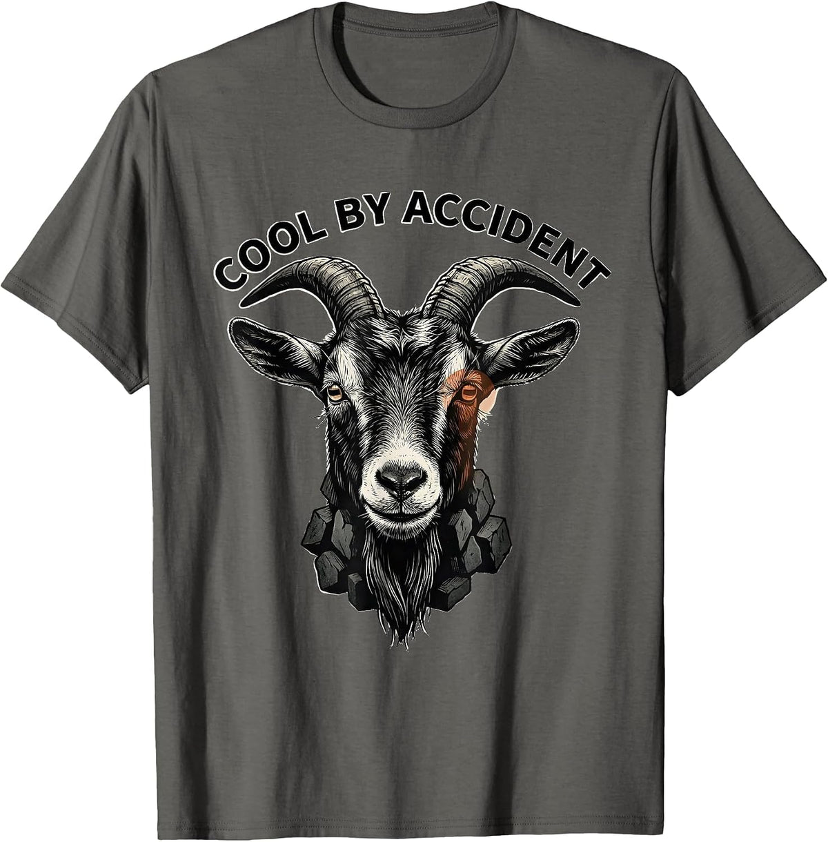 Cool By Accident Linocut Goat Novelty Humor Animal Lover T-Shirt - Asphalt Grey