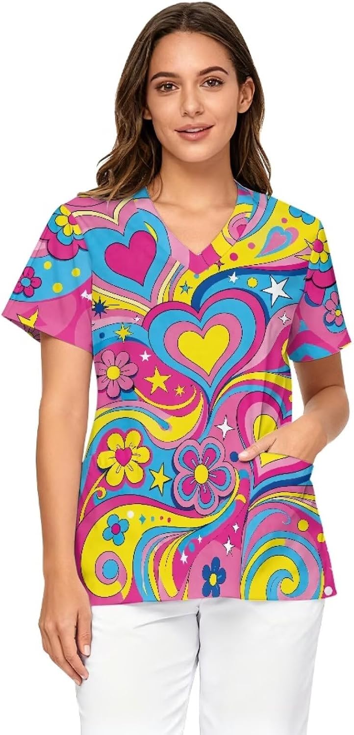 Scrubs for Women V Neck Medical Scrub Tops Size S - 5XL - Hippie Love Floral Print