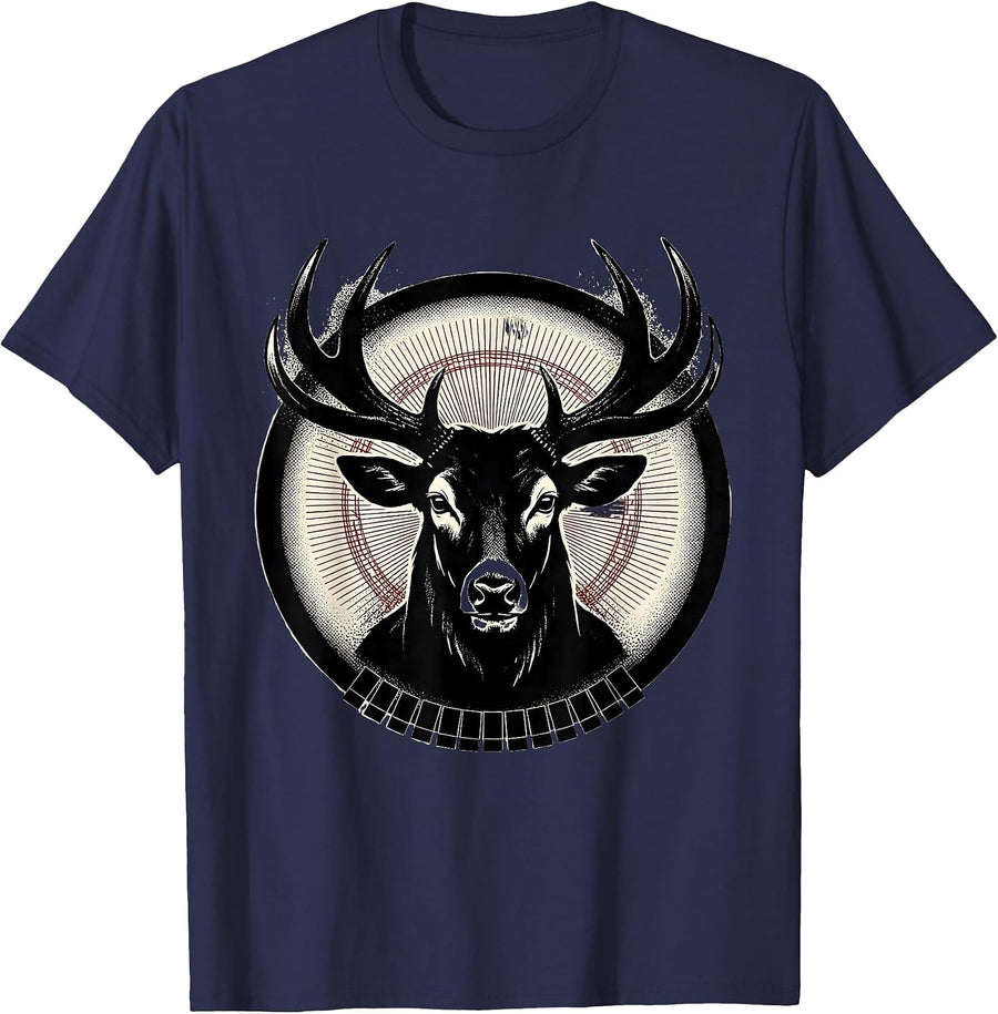 Sealed Buck Head Badge Blackwork Dotwork Deer Hunter T-Shirt - Navy Blue