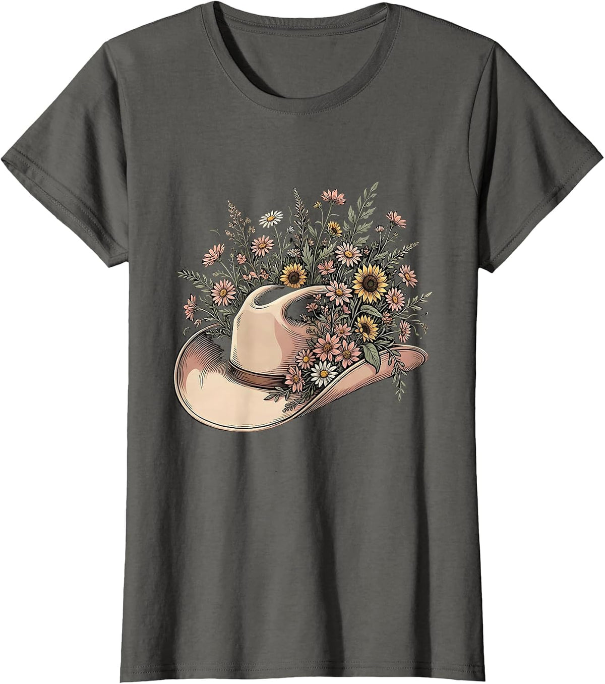 Women's Cowgirl Hat Wildflowers Western Floral Illustration T-Shirt - Asphalt Grey
