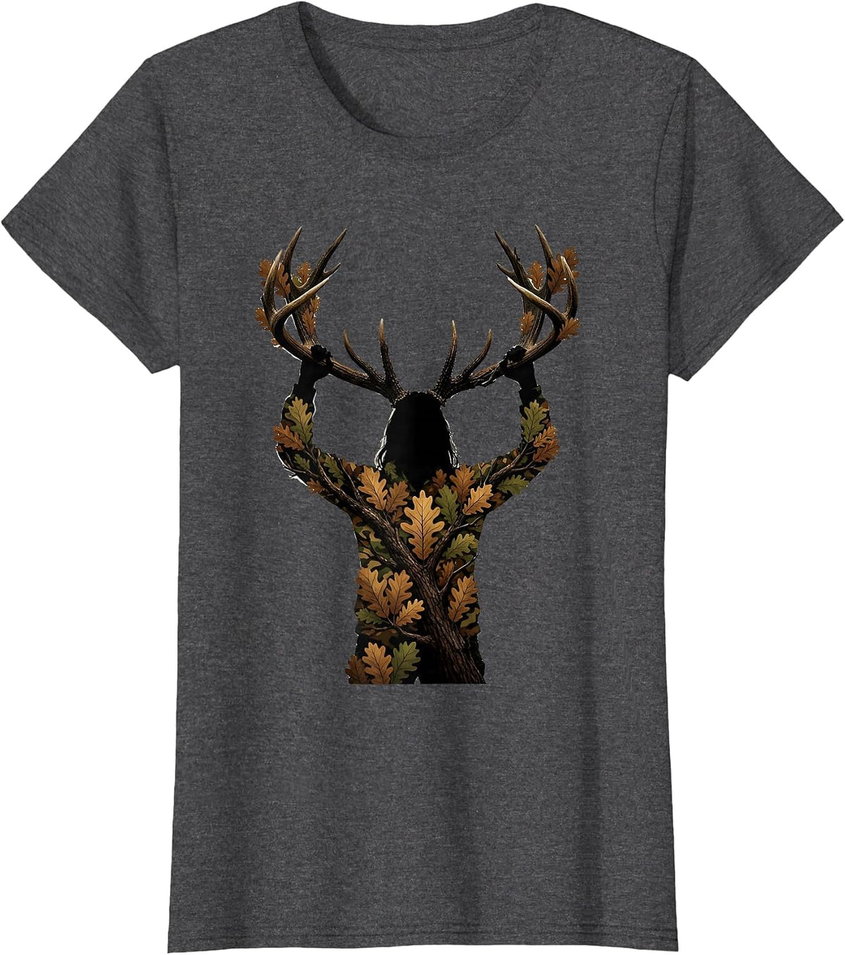 Women's Camo Deer Hunter Trophy Rack Hunting Illustration T-Shirt - Dark Heather Grey