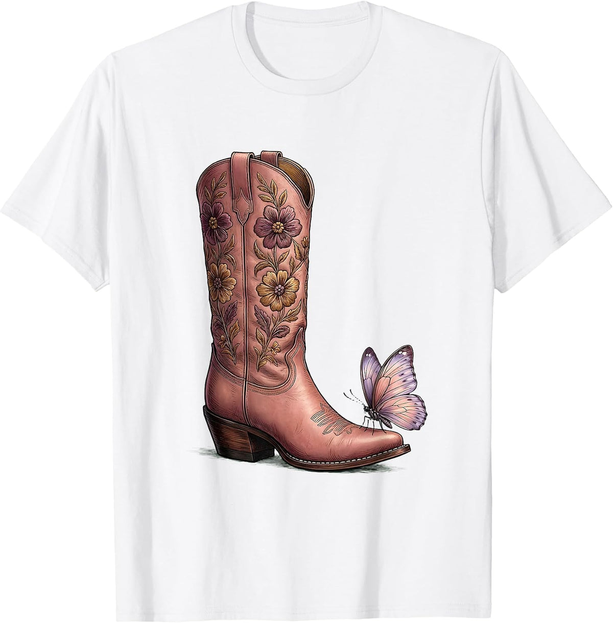 Pink Cowgirl Boot Butterfly Illustration T-Shirt - White