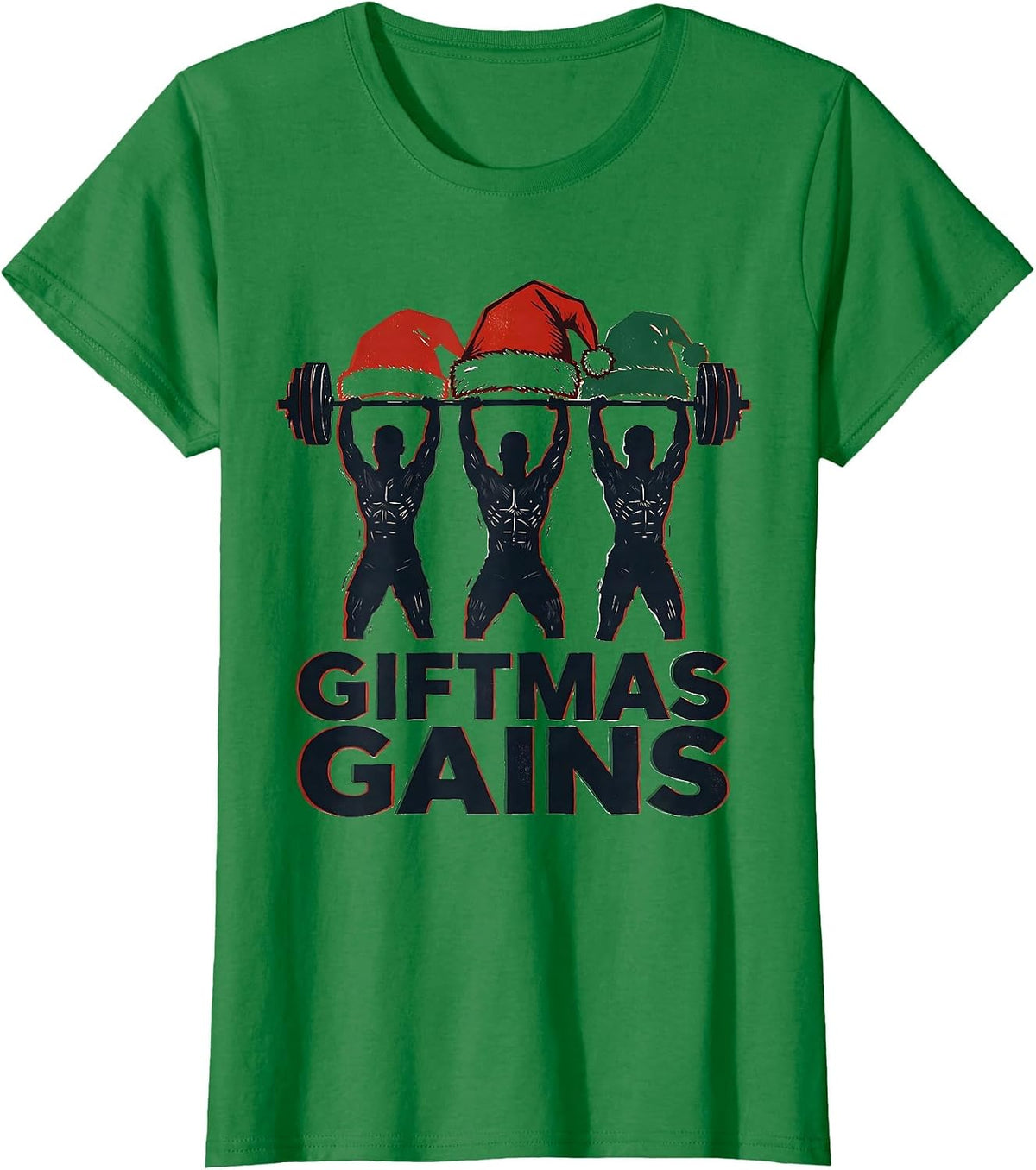 Women's Giftmas Gains Linocut Funny Christmas Gym Weightlifting T-Shirt - Kelly Green