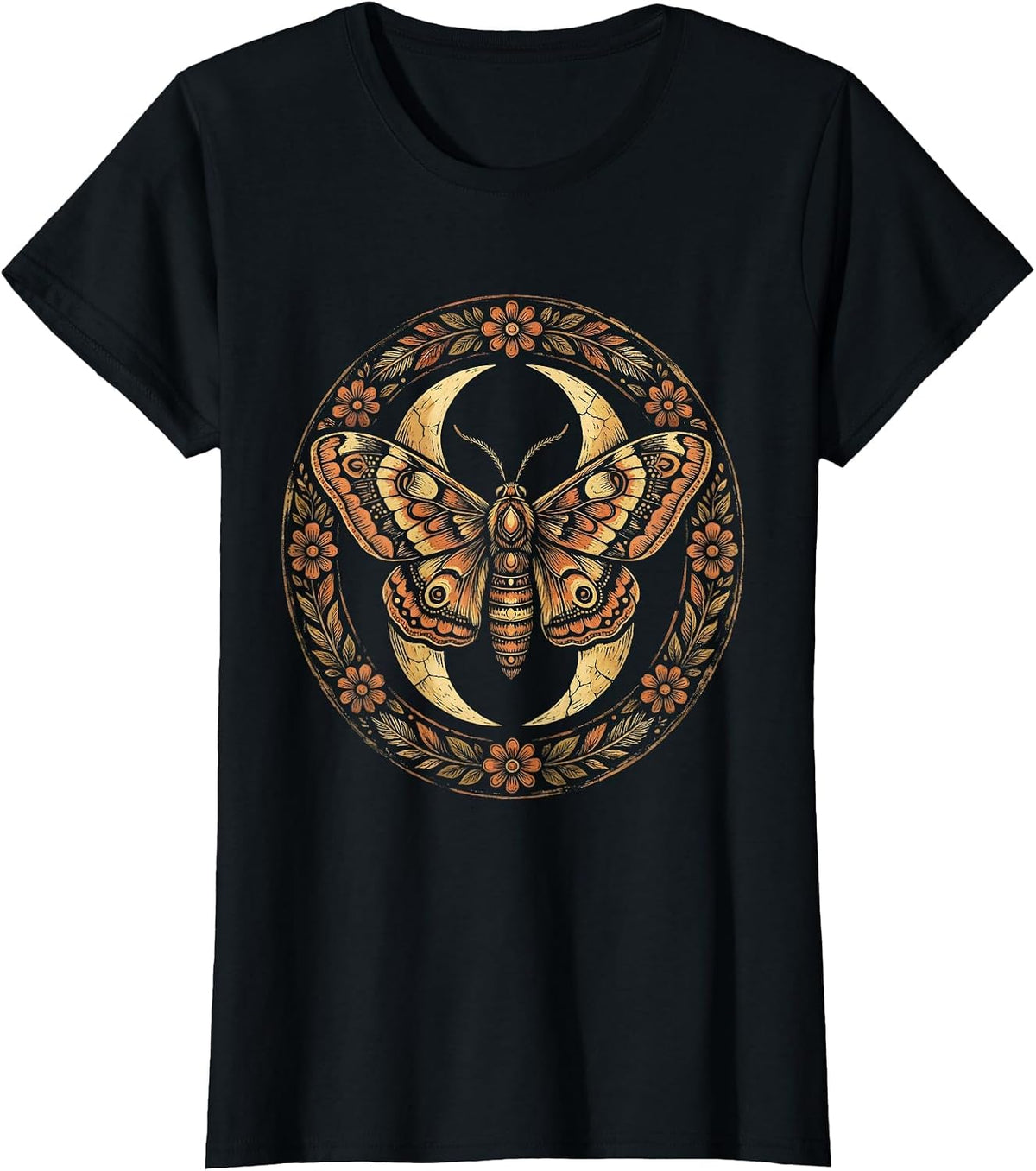 Crescent Moon Moth Western Boho Graphic Design T-Shirt - Black