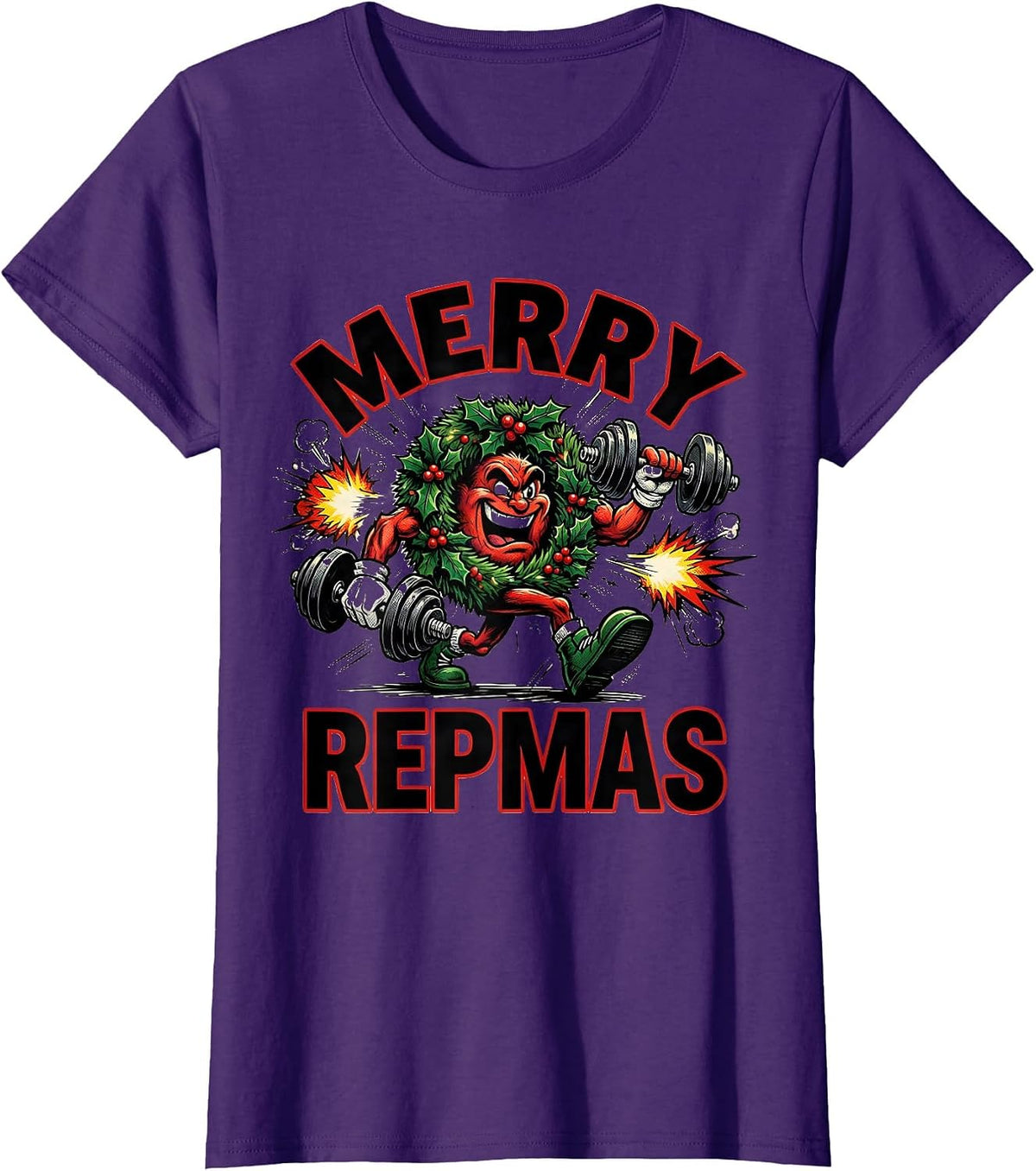 Women's Merry Repmas Comic Book Gym Workout Christmas Humor T-Shirt - Purple