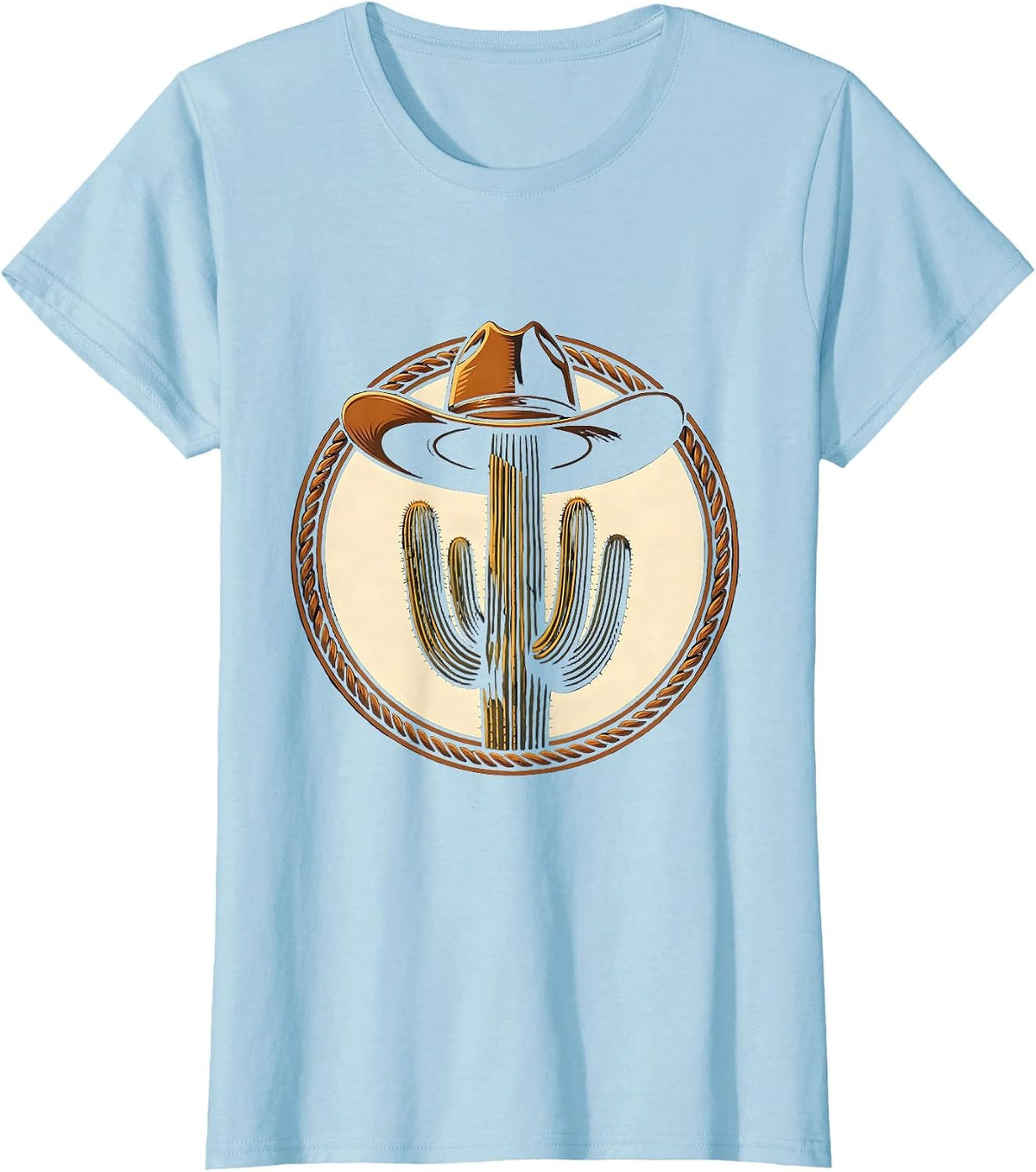 Lone Cactus Wide Brim Hat Shadow Western Design T-Shirt - Baby Blue