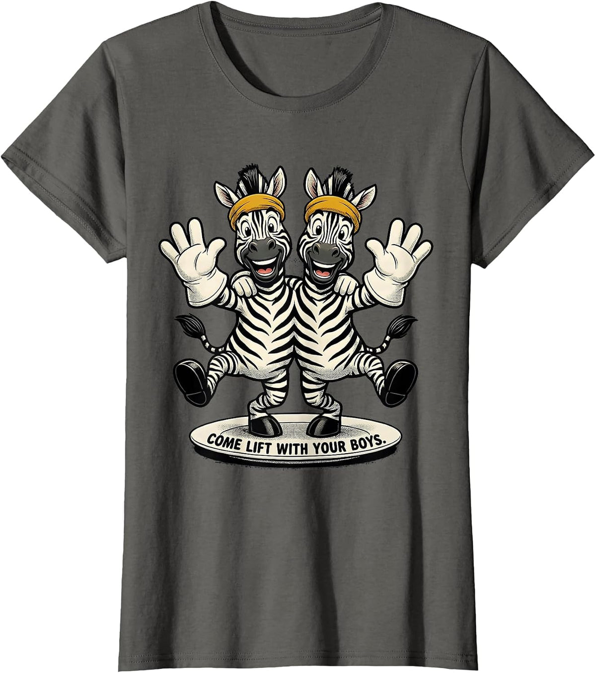 Women's Come Lift With Your Boys Retro Cartoon Zebra Duo Gym Humor T-Shirt - Asphalt Grey