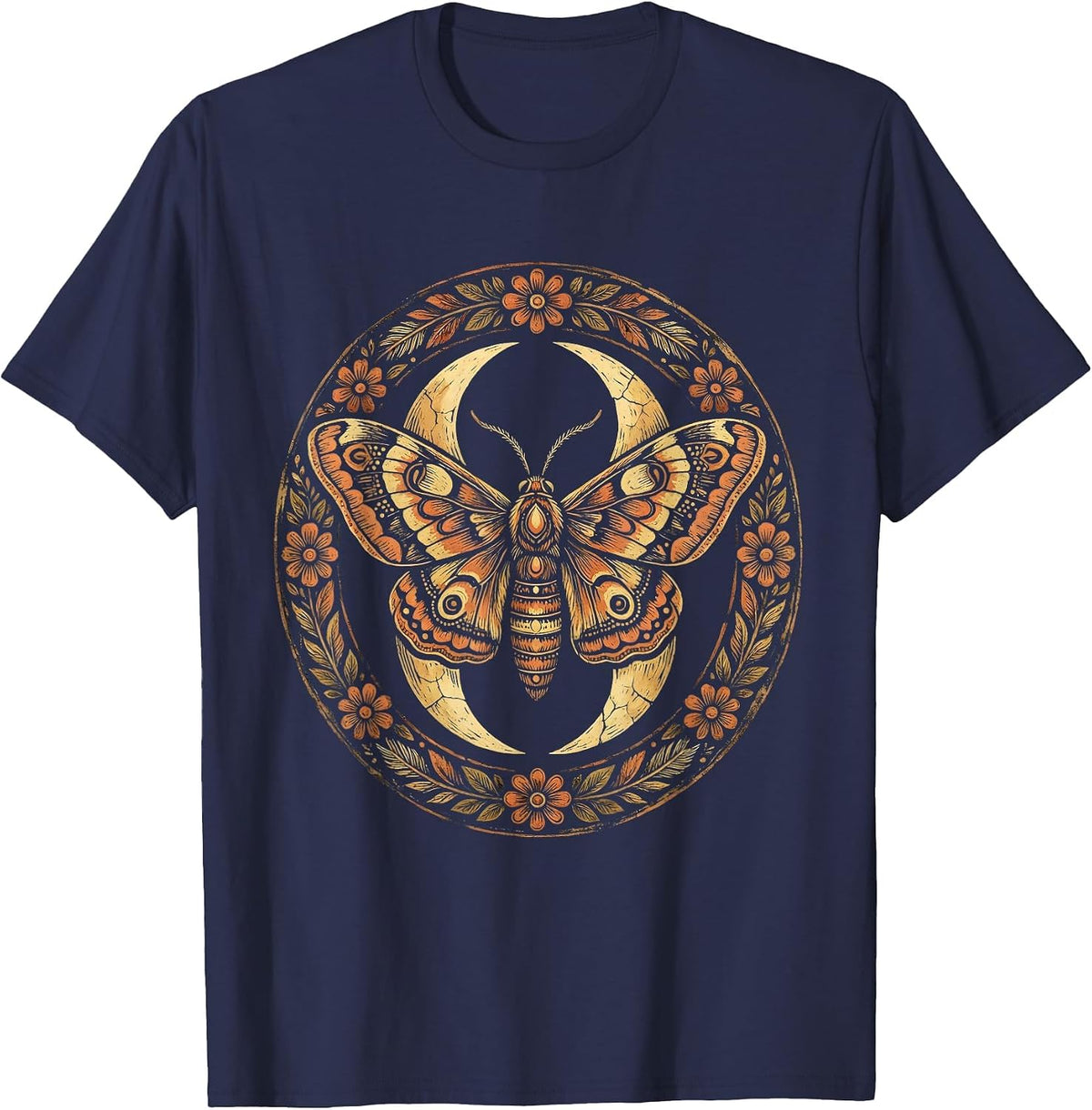 Crescent Moon Moth Western Boho Graphic Design T-Shirt - Navy Blue