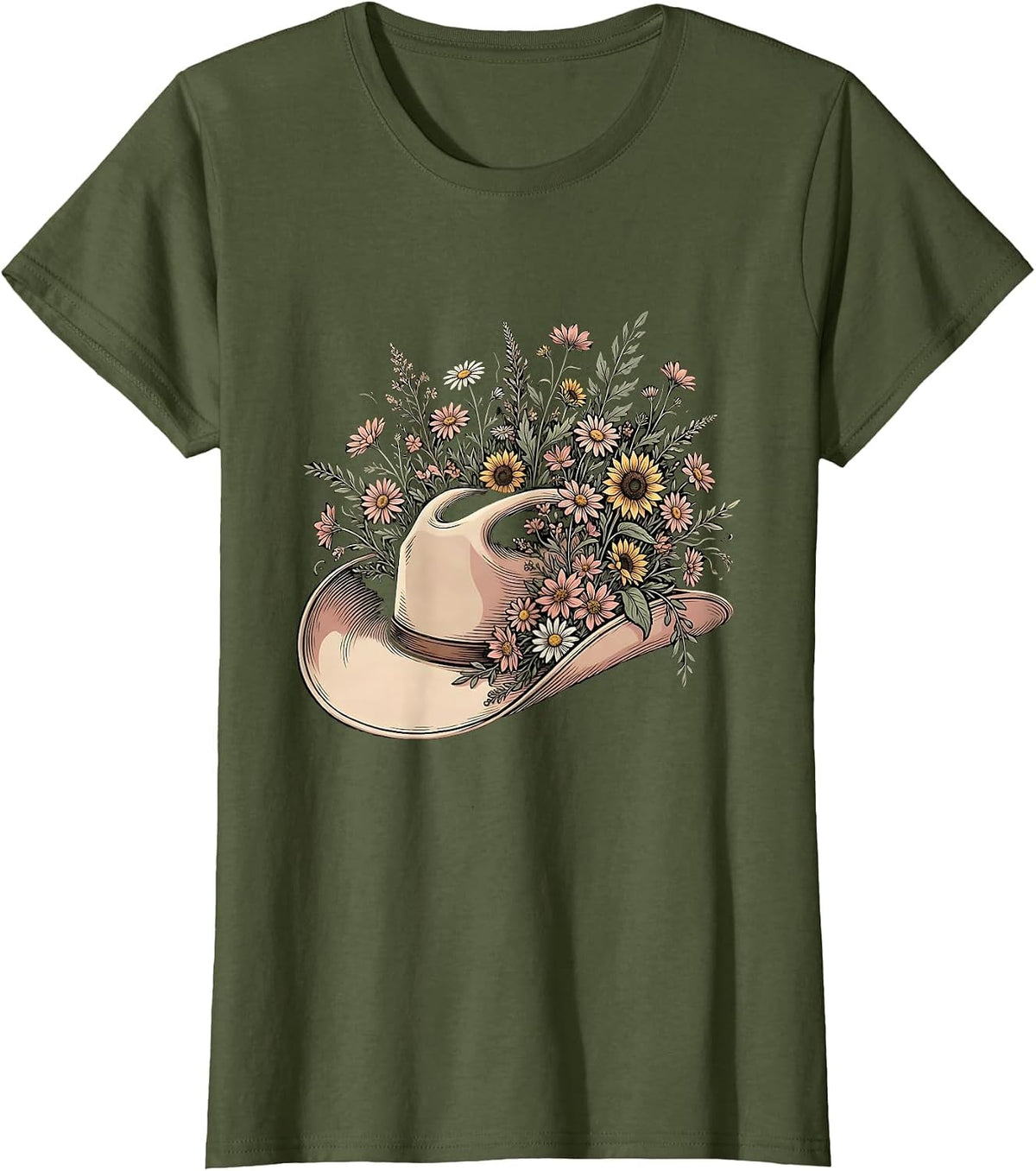 Women's Cowgirl Hat Wildflowers Western Floral Illustration T-Shirt - Olive Green