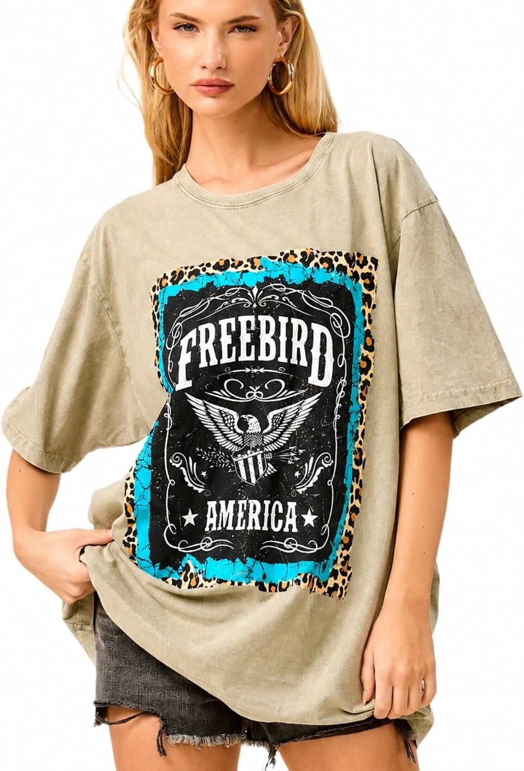 Womens Oversized Graphic Tee Vintage Mineral Washed Loose Fit Boho Western Rock T Shirt - Olive Khaki