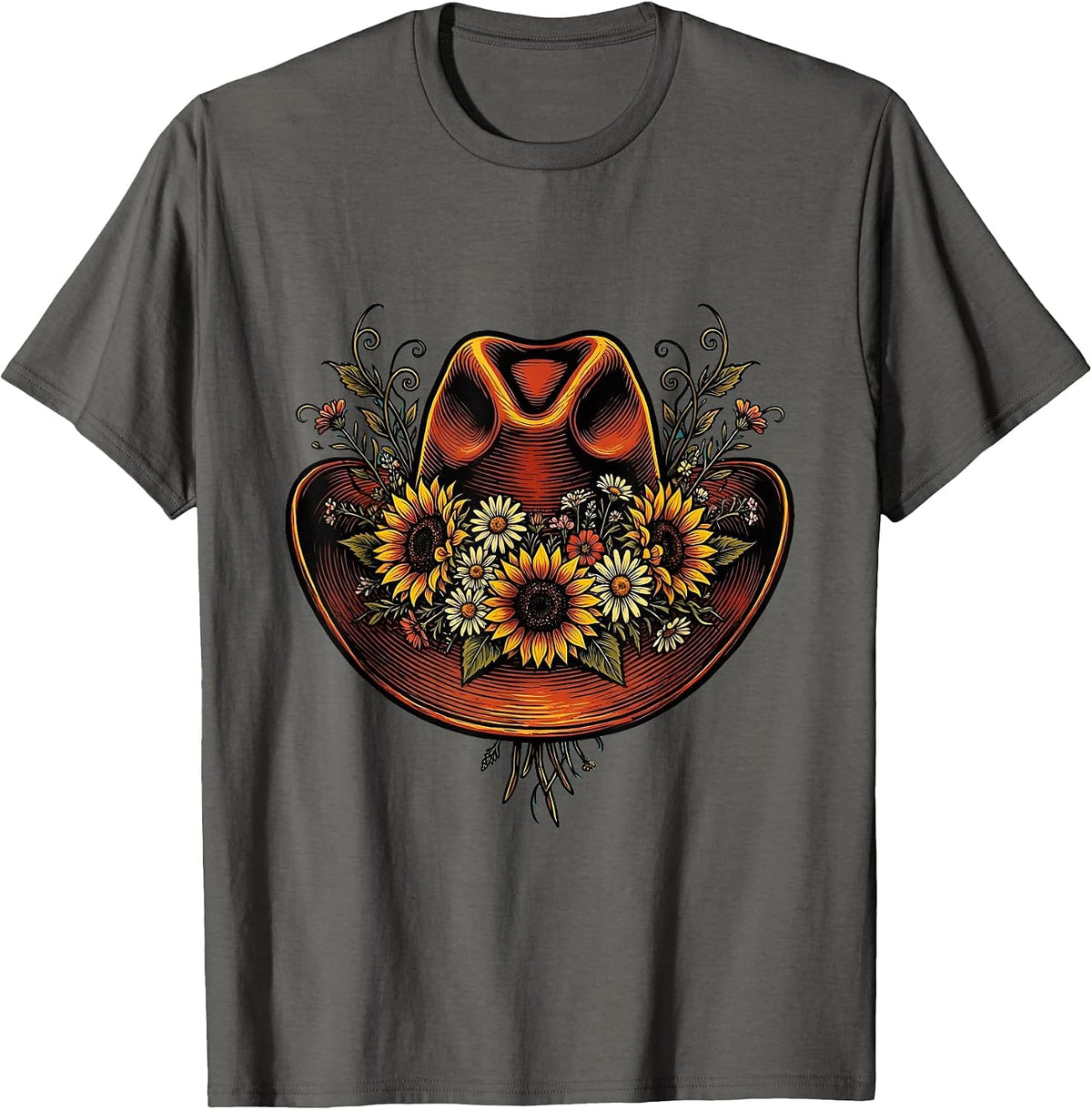 Cowgirl Hat With Wildflowers Boho Western Design T-Shirt - Asphalt Grey