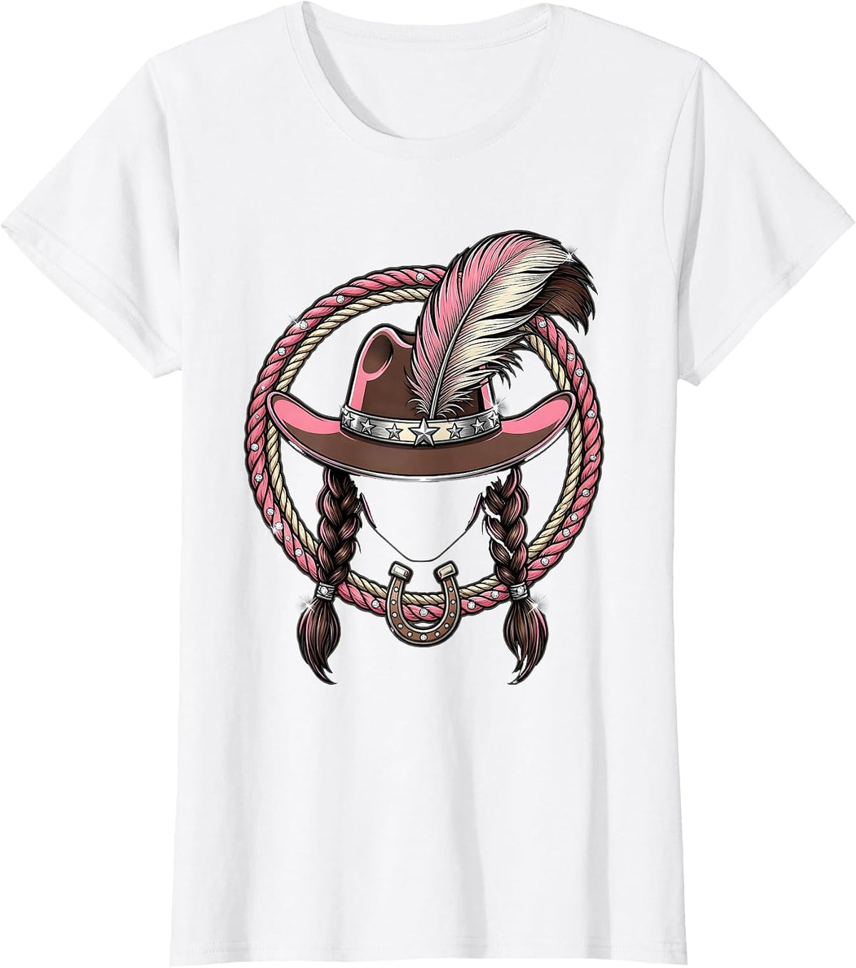 Braided Cowboy Feathered Hat Western Illustration T-Shirt - White