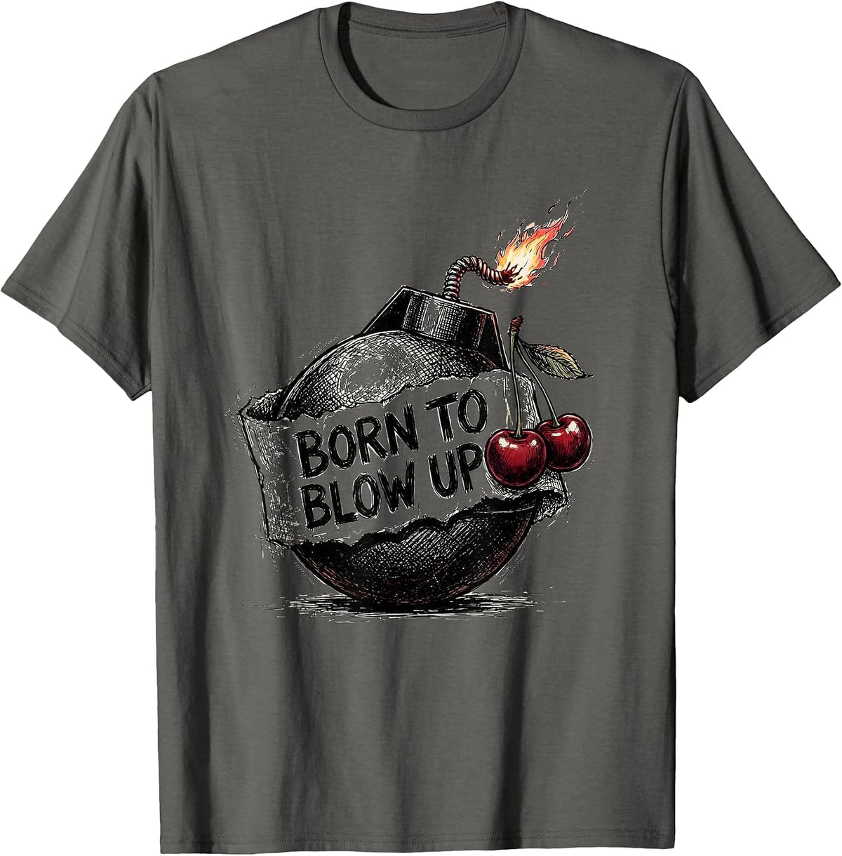 Born to Blow Up Cherry Bomb Graphic Design T-Shirt - Asphalt Grey