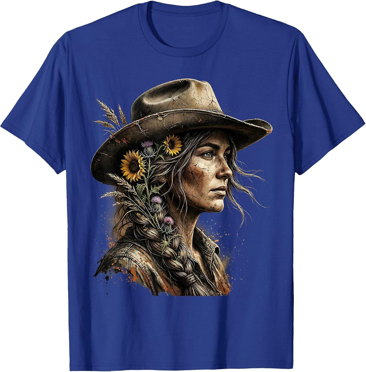 Prairie Wildflower Braid Western Boho Illustration T-Shirt - Royal Blue