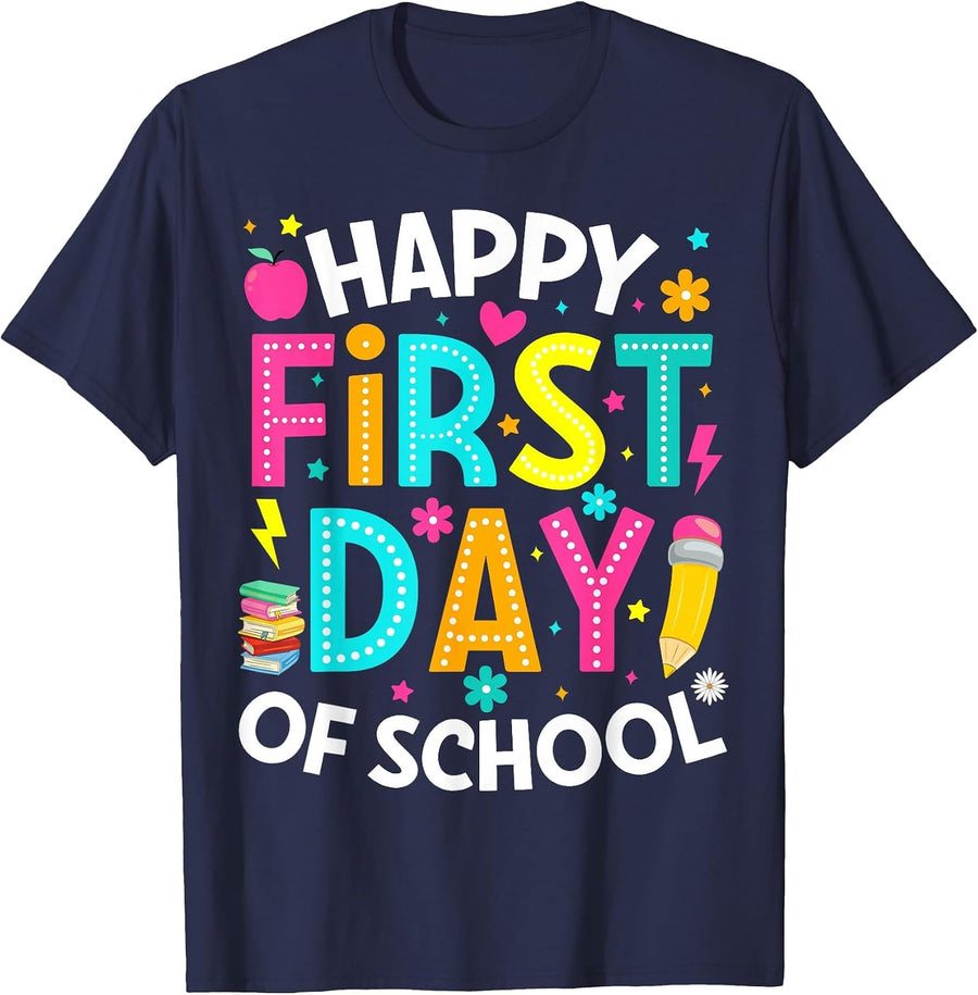 Happy First Day of School Pencil Teacher Back to School T-Shirt - Navy Blue