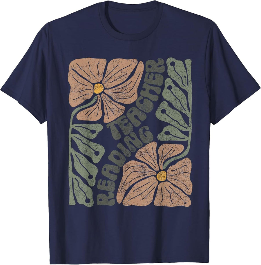 Boho Floral Reading Teacher Retro Reading Specialist Wildfl T-Shirt - Navy Blue